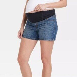 Isabel Maternity Shorts Blue Denim Stretch Over Belly Comfy Midi Womens